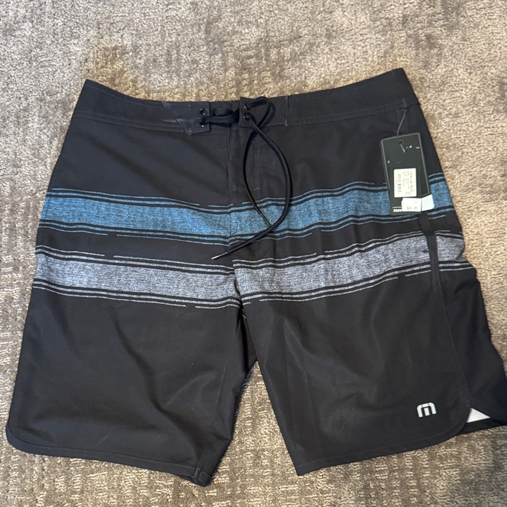 Men's Travis Matthews Black and Blue Striped Swim Trunks